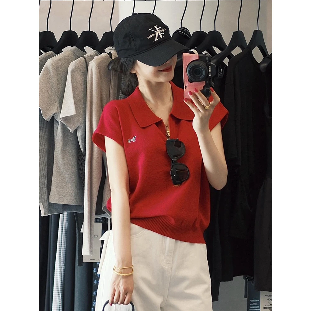 红色小狗图案Polo领针织衫女夏季设计感减龄宽松翻领正肩短袖上衣