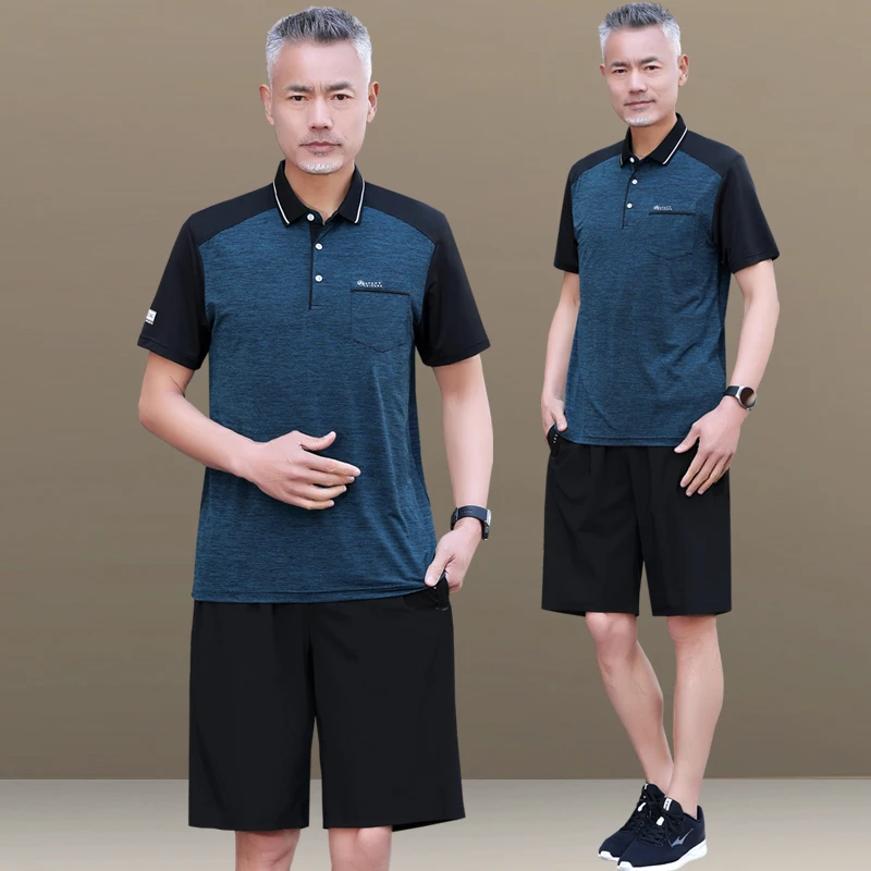 爸爸夏装2025夏季新款男士冰丝运动套装中老年短袖t恤爷爷休闲服