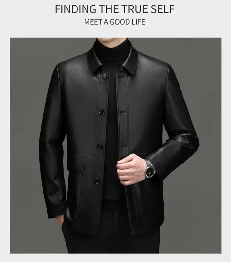【海宁优品】8118男士春秋季（扣子款）时尚休闲商务轻奢高档潮流皮衣