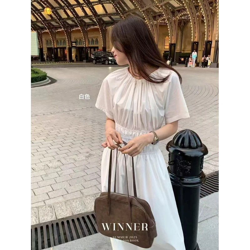 韩版甜美高级感纯色捏褶收腰连衣裙6830  裙长120