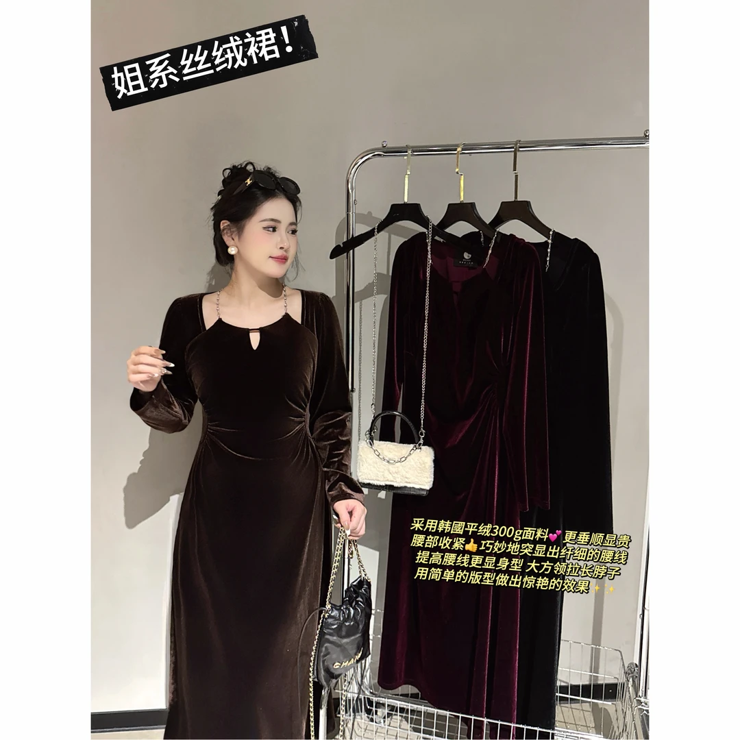 D【现货】微胖mm秋冬法式气质垂顺显贵收腰显瘦丝绒连衣裙10088C