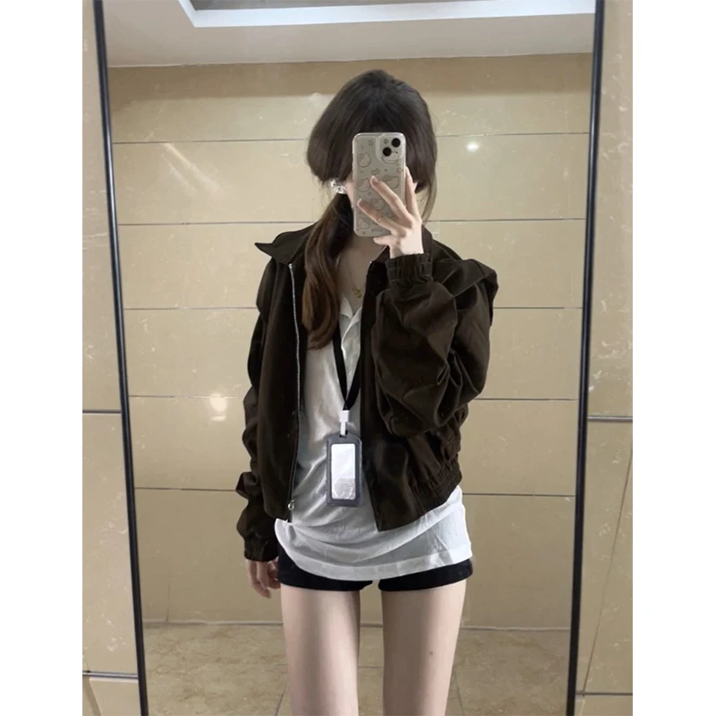 复古风美拉德棕色短款外套女2025新款早秋季美式甜酷辣妹夹克上衣