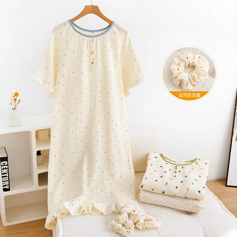 睡裙女纯棉纱布夏季短袖韩版大码半袖甜美少女全棉清新中裙家居服