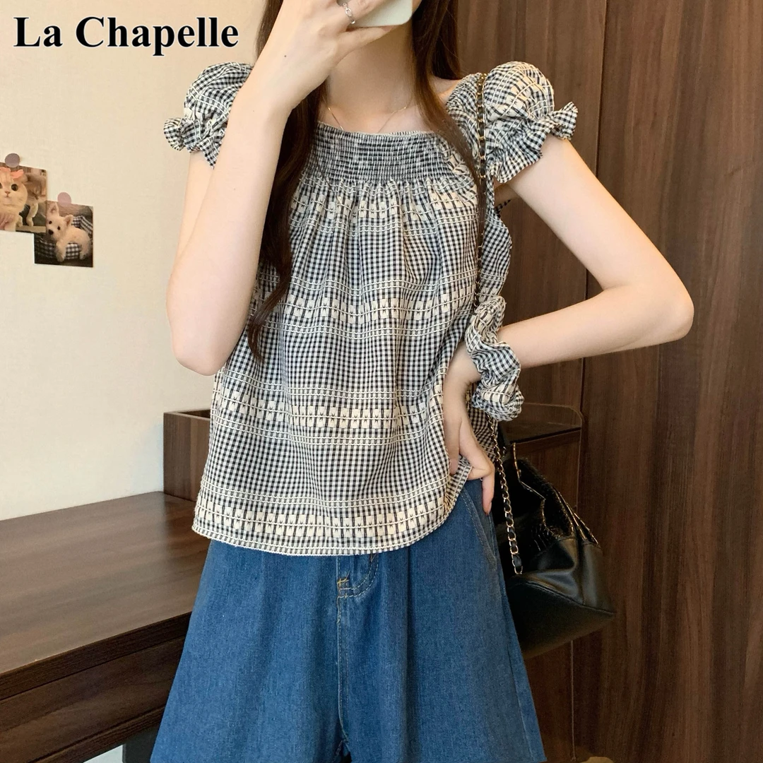 拉夏贝尔夏季新款法式复古一字肩娃娃衫衬衫女款可爱减龄洋气上衣