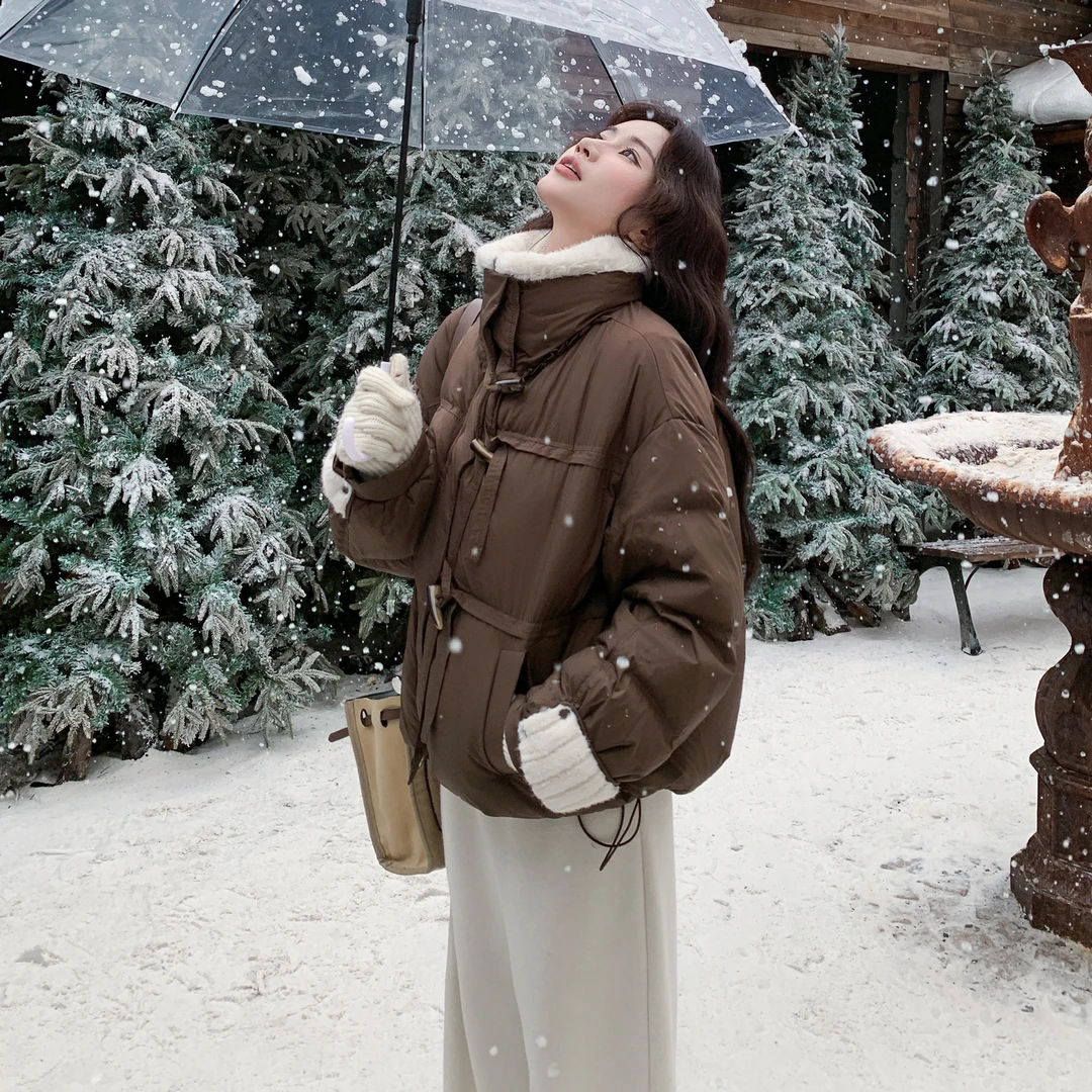 韩系咖啡色毛领拼接羽绒服女2025冬季新款设计感保暖90白鸭绒外套