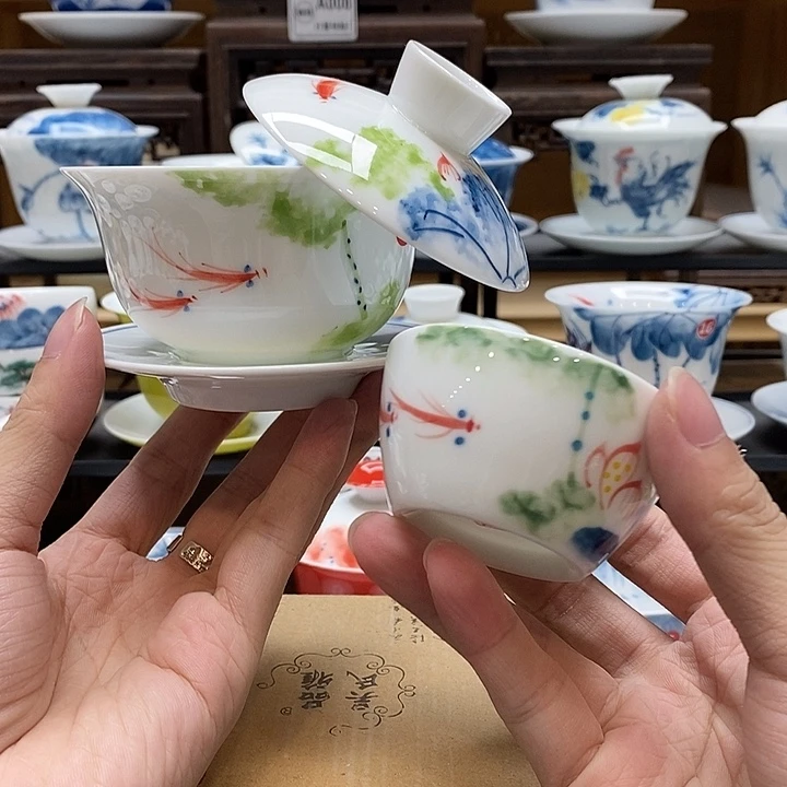 手绘五彩荷花悬停盖碗150cc➕水缸杯釉下彩微瑕福利款