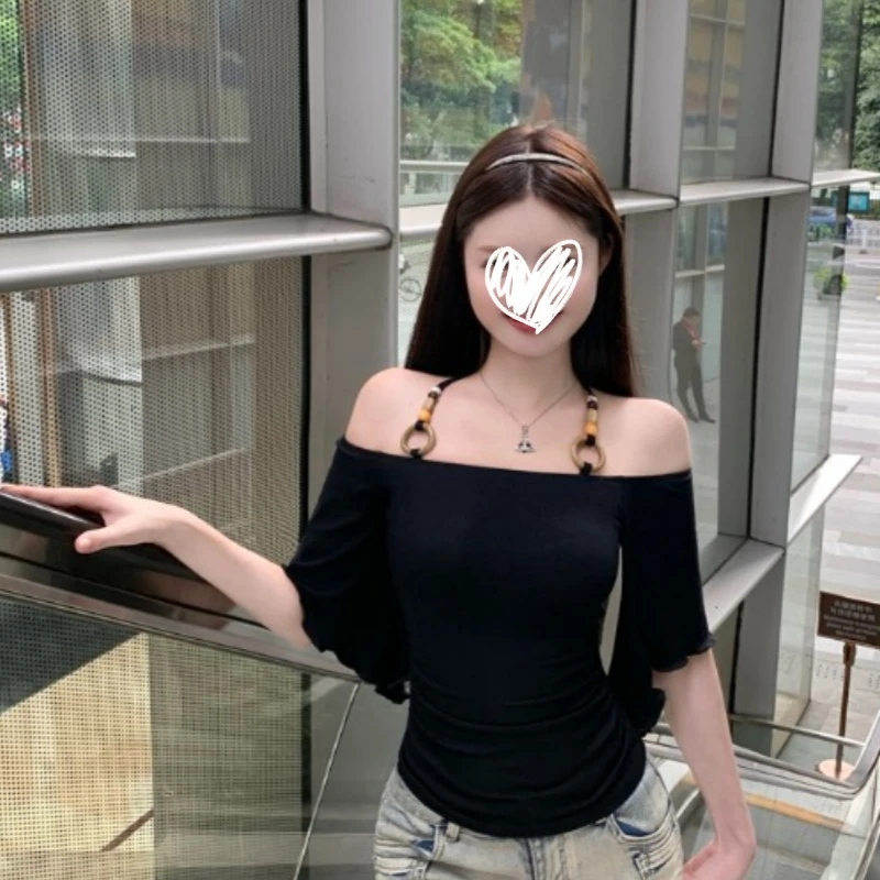 夏季设计感一字肩串珠挂脖短袖T恤修身收腰纯色纯欲风显瘦女上衣