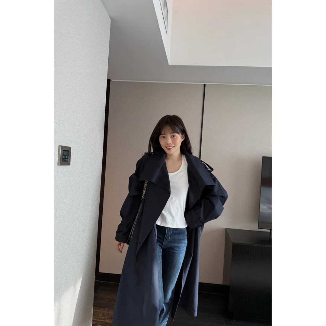 井迪儿【浓郁】50%天丝大气宽松百搭大翻领廓形长款风衣外套