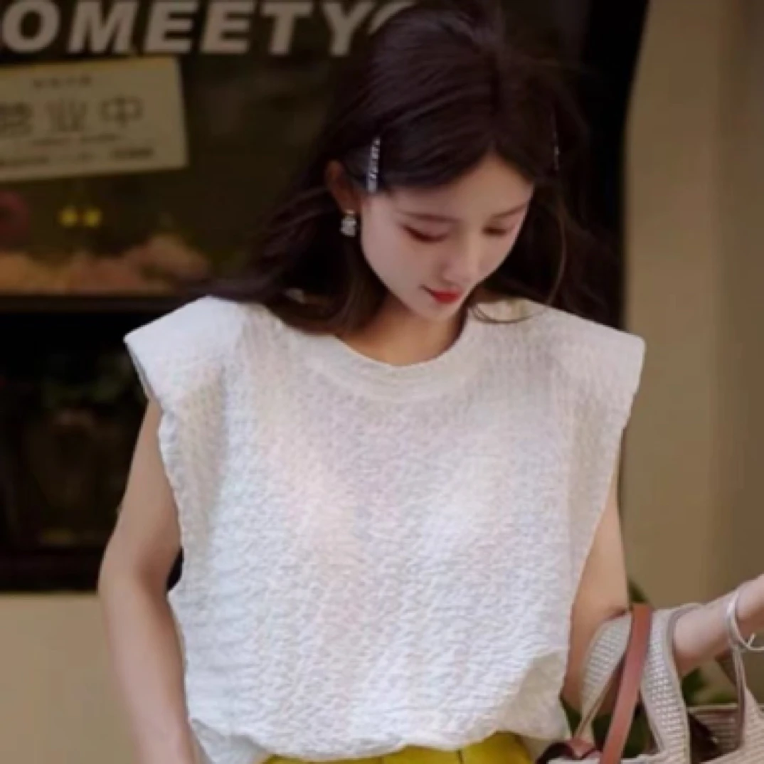 QL—66272无袖气质夏季宽松螺纹常规袖ins休闲风圆领时尚T恤