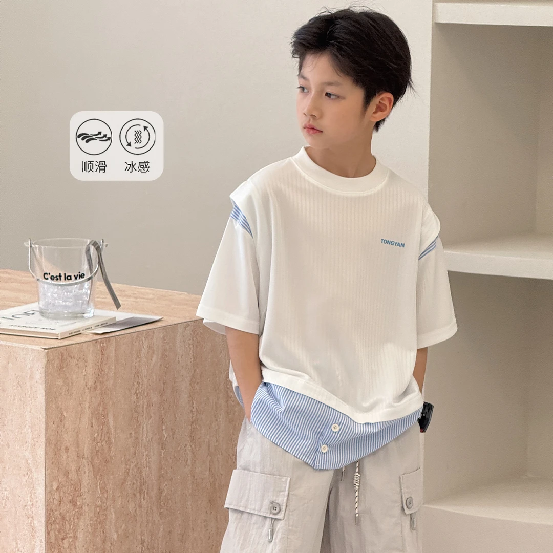 男童短袖T恤夏装中大童洋气假两件儿童时尚休闲拼接韩系上衣D2588