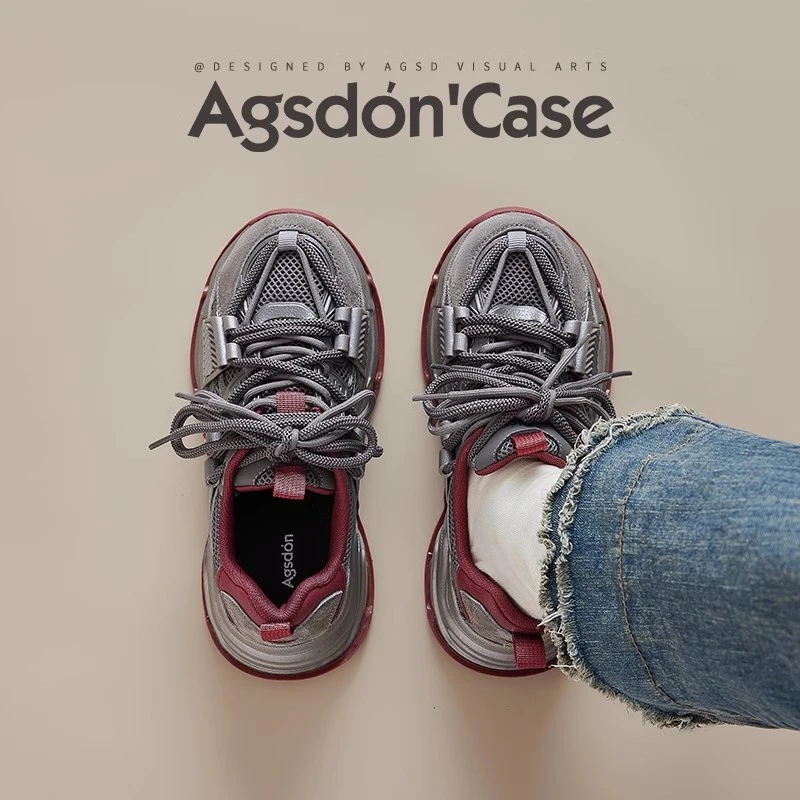 奥古狮登厚底老爹鞋女2025新款春季增高显脚小女鞋灰红色运动鞋H