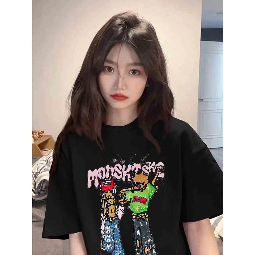 美式高街圆领青少年宽松夏季休闲短袖T恤男女慵懒风情侣装ins半袖