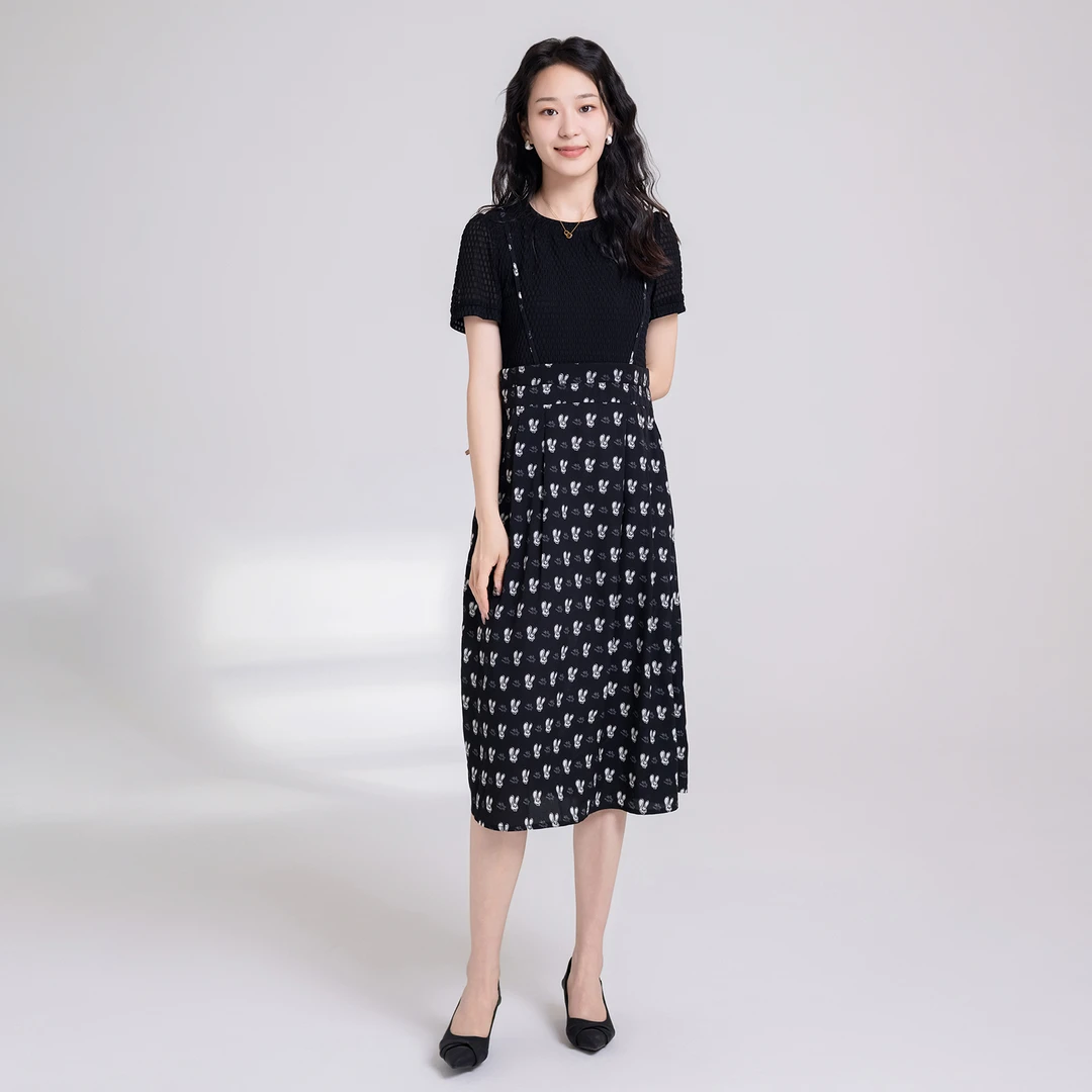 L0716夏季女装时尚圆领兔子印花拼接抱婴袋显瘦假两件洋装