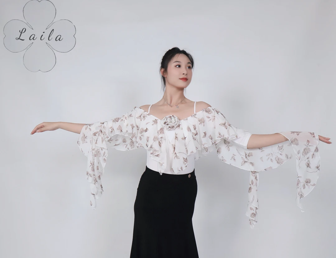 Laila摩登舞服新款《夏花梦令》白杏色夏季雪纺摩登拉丁练习服