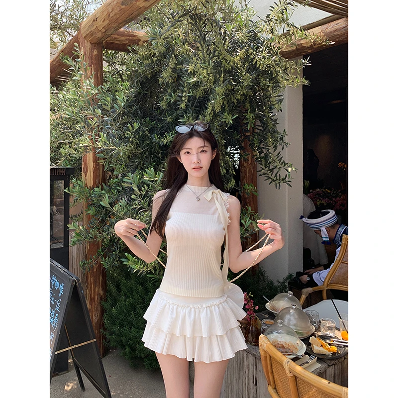 【后花园】夏季法式纯欲风系带蝴蝶结显瘦无袖背心A76