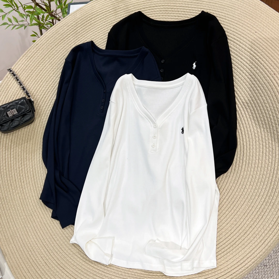 必魅-2025秋季新款刺绣V零纽扣设计感长袖T恤休闲韩系上衣2251