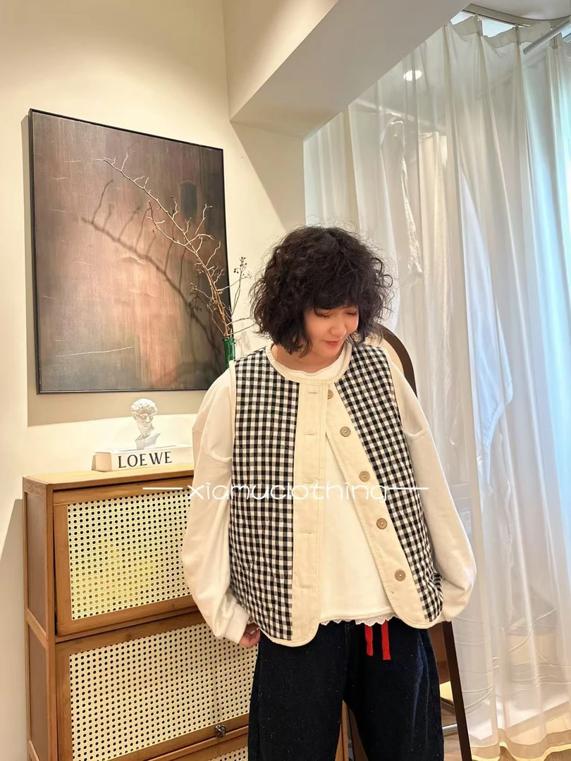 夏沐家百搭格子夹棉休闲宽松马甲9151