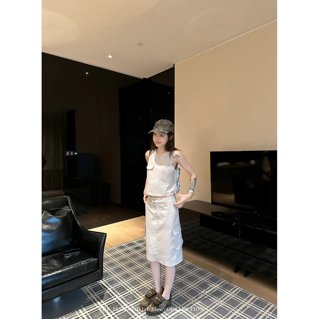 THEISSN宁司 工装短款背心女夏季直筒宽松半裙套装 01039/01040