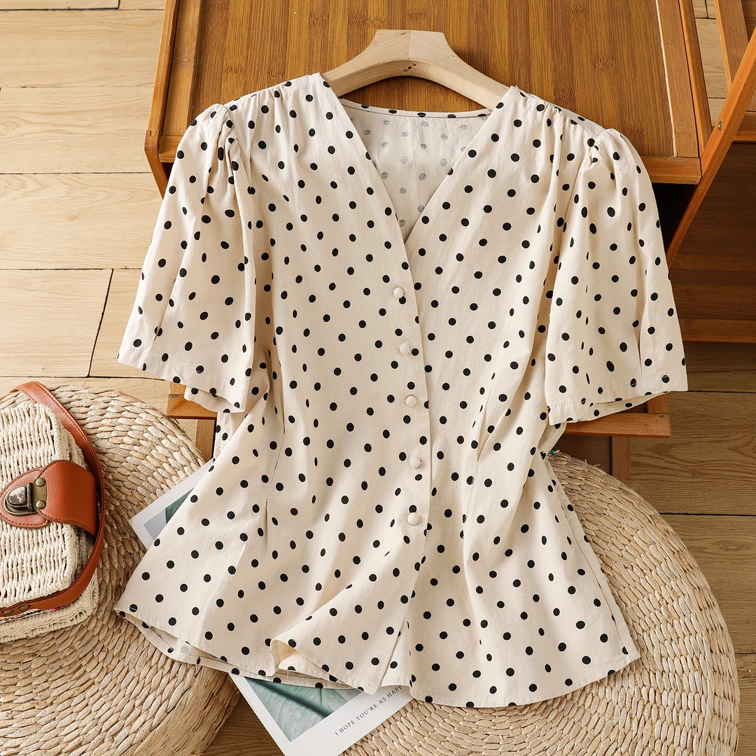 夏季波点小衫捏褶收腰显瘦V领气质短袖开衫韩系斜扣洋气衬衫宽松