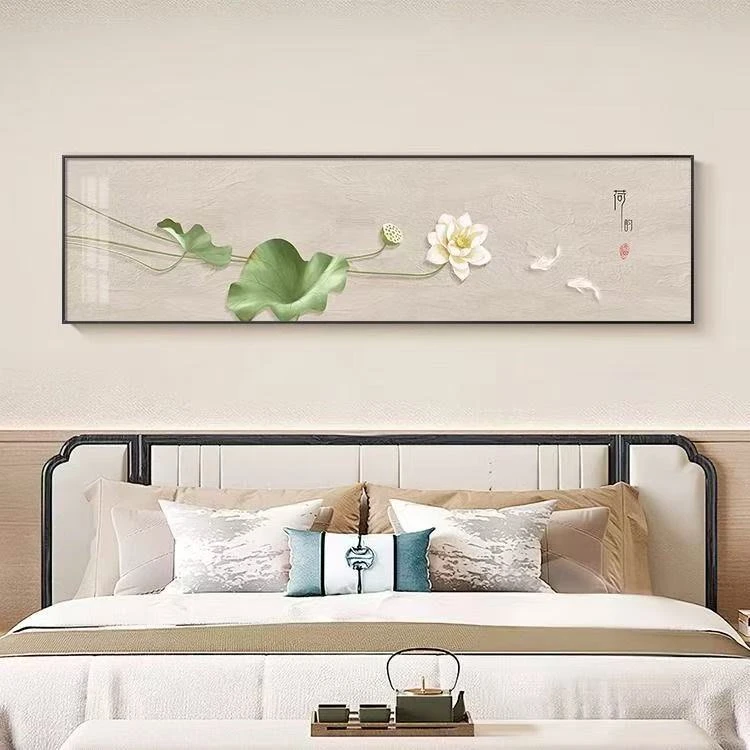 卧室画床头挂画新中式荷花装饰画中国风横版莲花民宿主卧房间壁画
