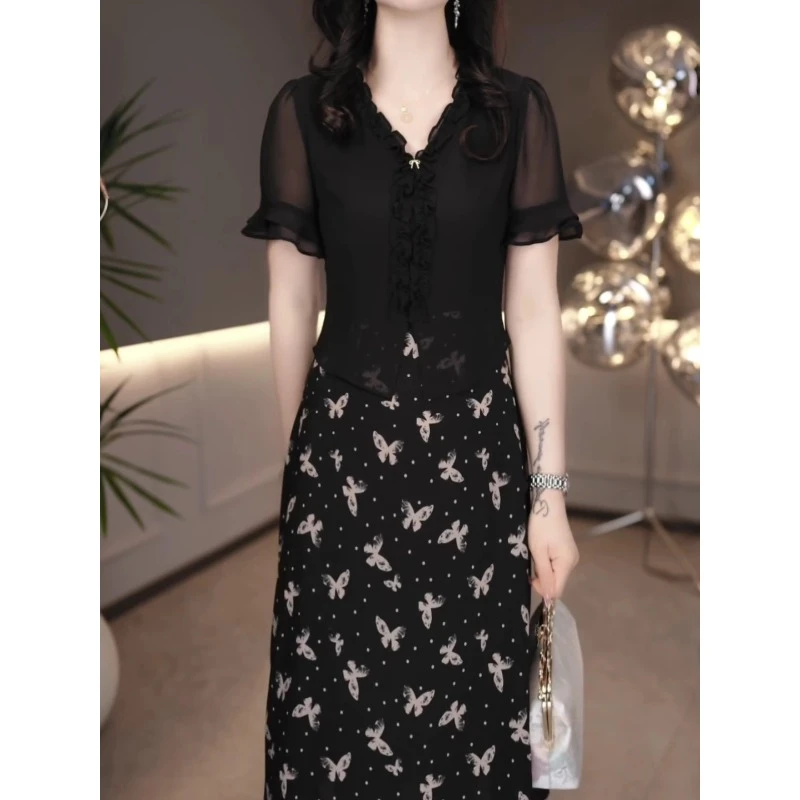 勇华玥上设计感气质假两件优雅连衣裙2025夏季新款显瘦中长款裙子