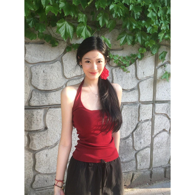 美式设计感红色挂脖吊带背心女夏季收腰绝美无袖外穿内搭辣妹上衣