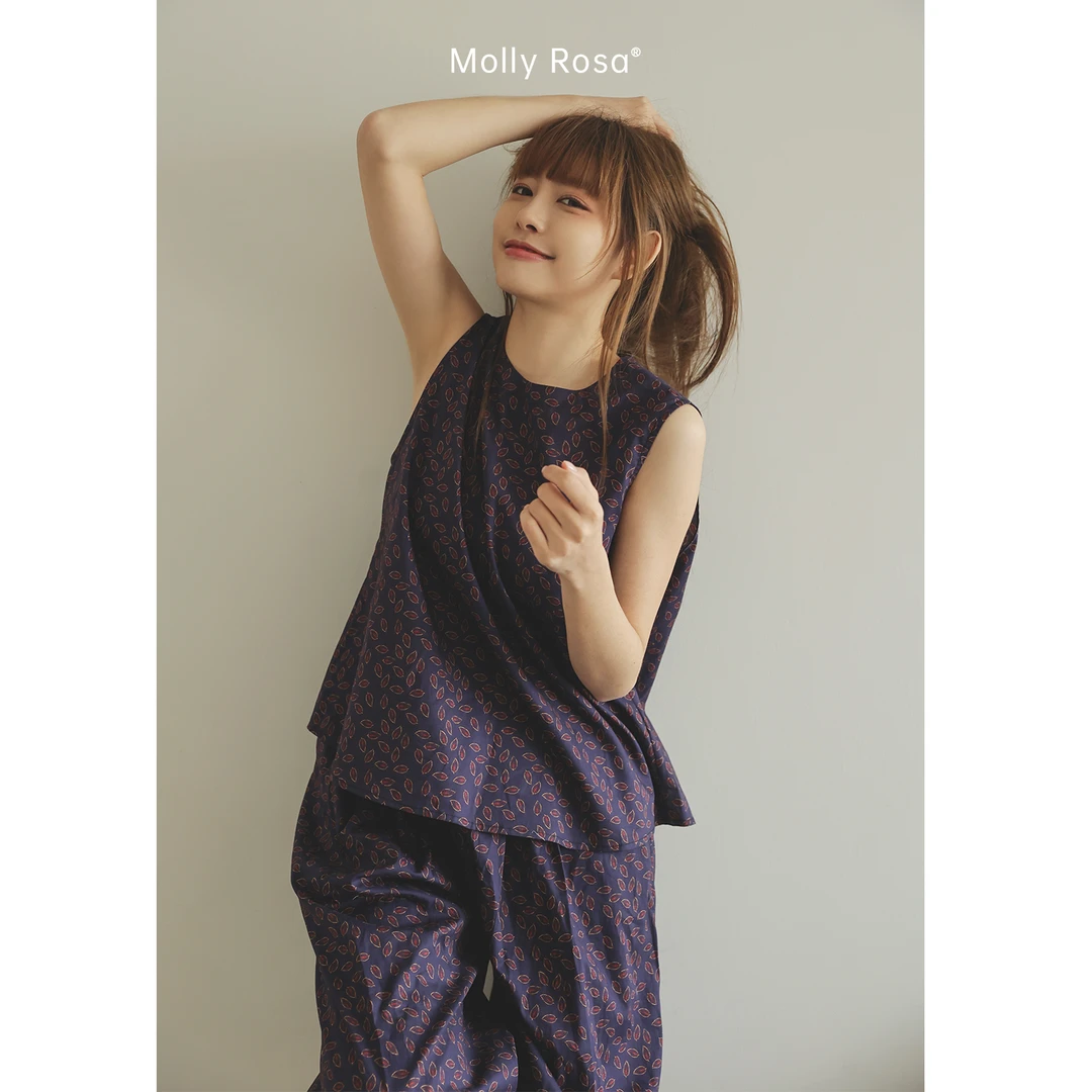 晚棠叶80支高支纯棉原创复古背心短裤圆领睡衣套装家居服可外穿夏