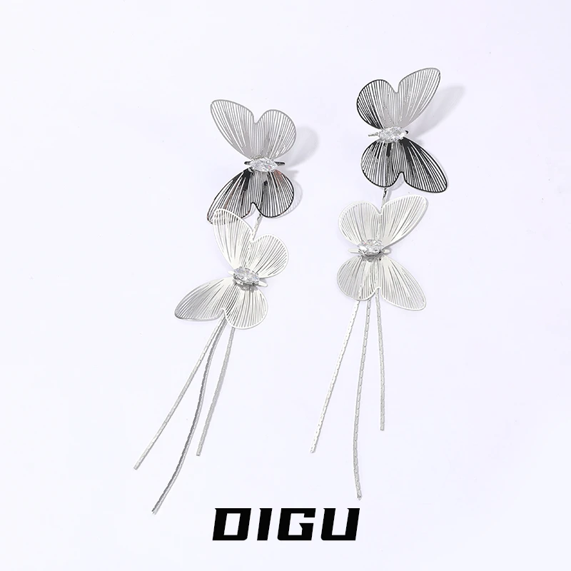 嘀咕家 铜合金合成锆石耳饰 双蝴蝶流苏耳环长款耳钉小众耳饰