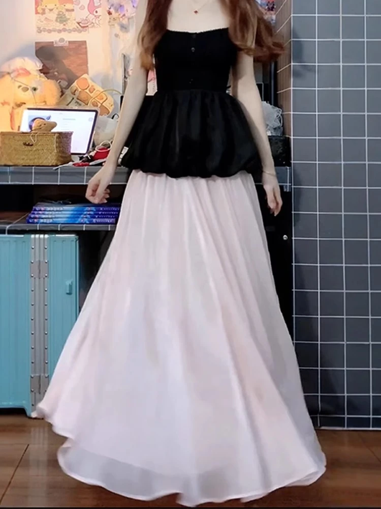 粉色波光粼粼流光纱半身裙女a字大码胖mm显瘦大裙摆醋酸缎面长裙