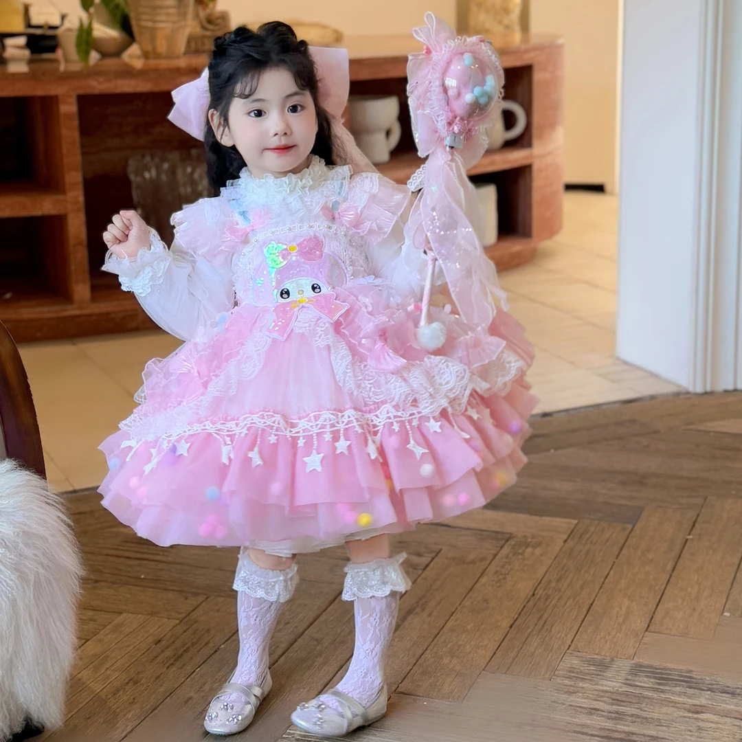 粉色美乐蒂重工纱裙四季款宝宝周岁周岁宝宝服装生日公主裙纱裙