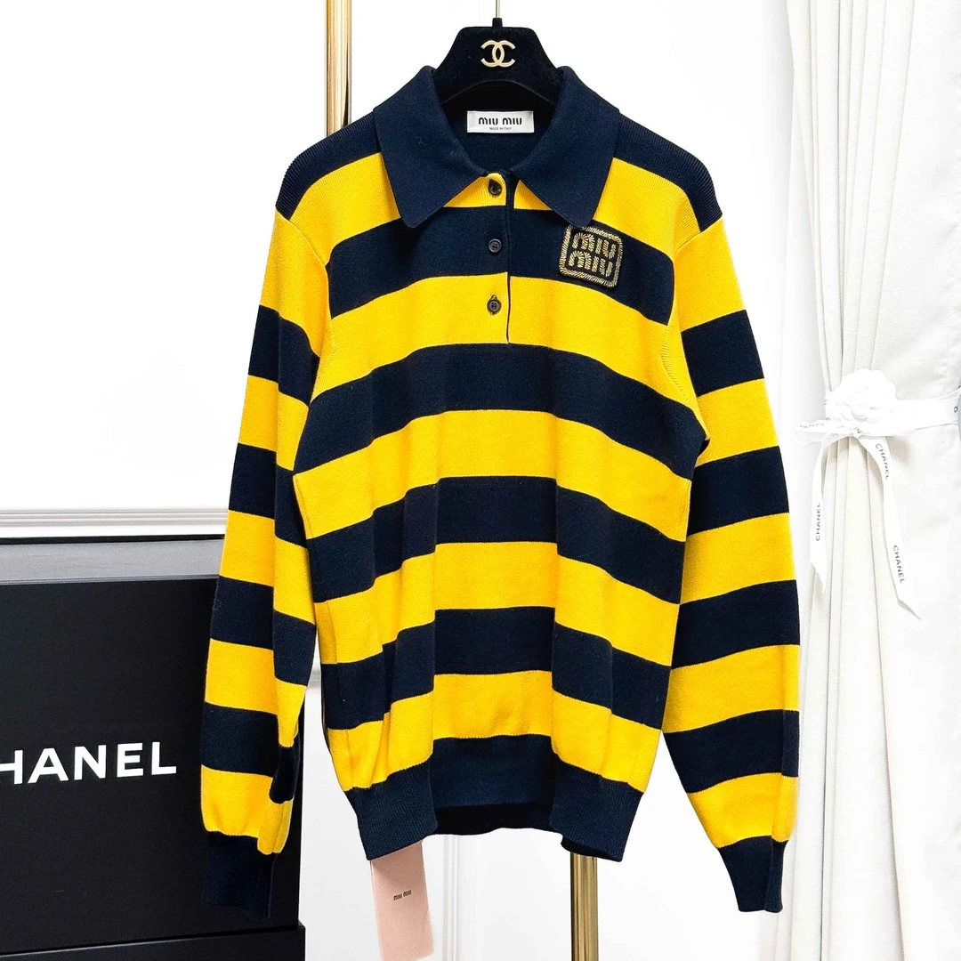 99新 MIU MIU/缪缪 36码黄色拼藏蓝色宽条纹polo领针织上衣