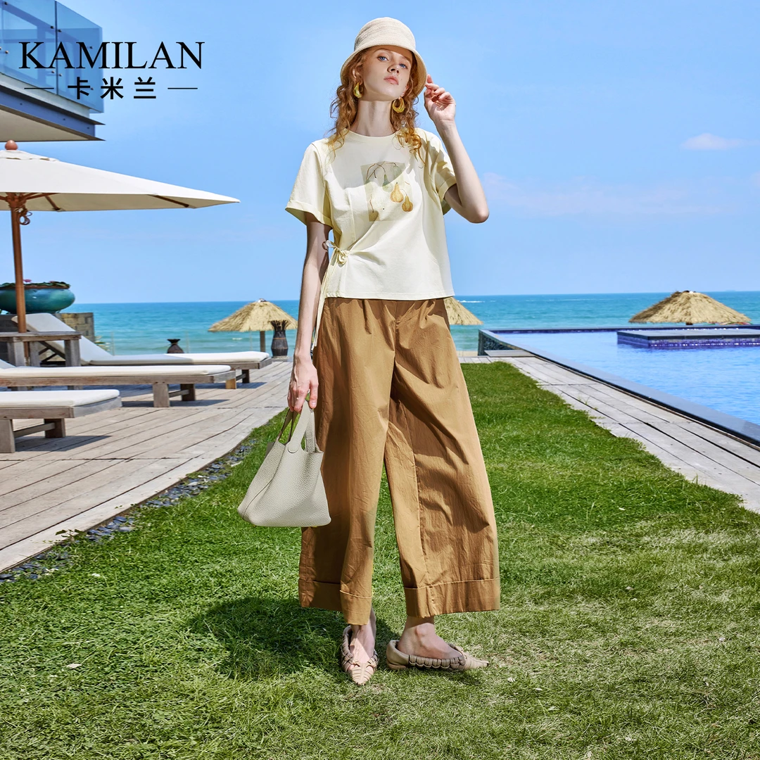 卡米兰设计感T恤不规则上衣九分裤女2025新款独特漂亮夏装两件套