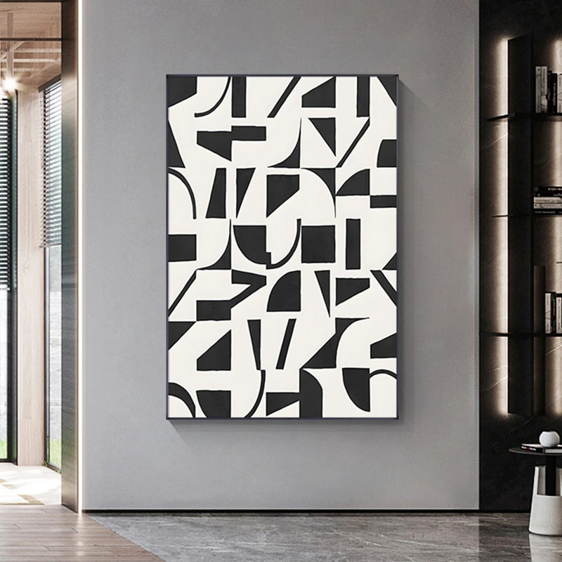 精品晶瓷客厅几何装饰画 轻奢风沙发背景墙抽象落地黑白格子80120