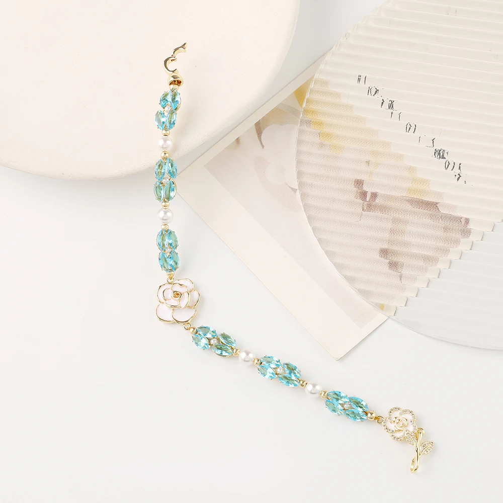 铜合金锆石手链 玫瑰花瓣绿色水晶锆石珍珠轻奢时尚百搭编织手链