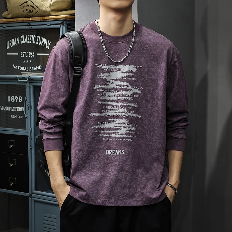 MR.MUDI/穆迪先生美式水洗扎染印花长袖t恤男秋季宽松打底衫内搭