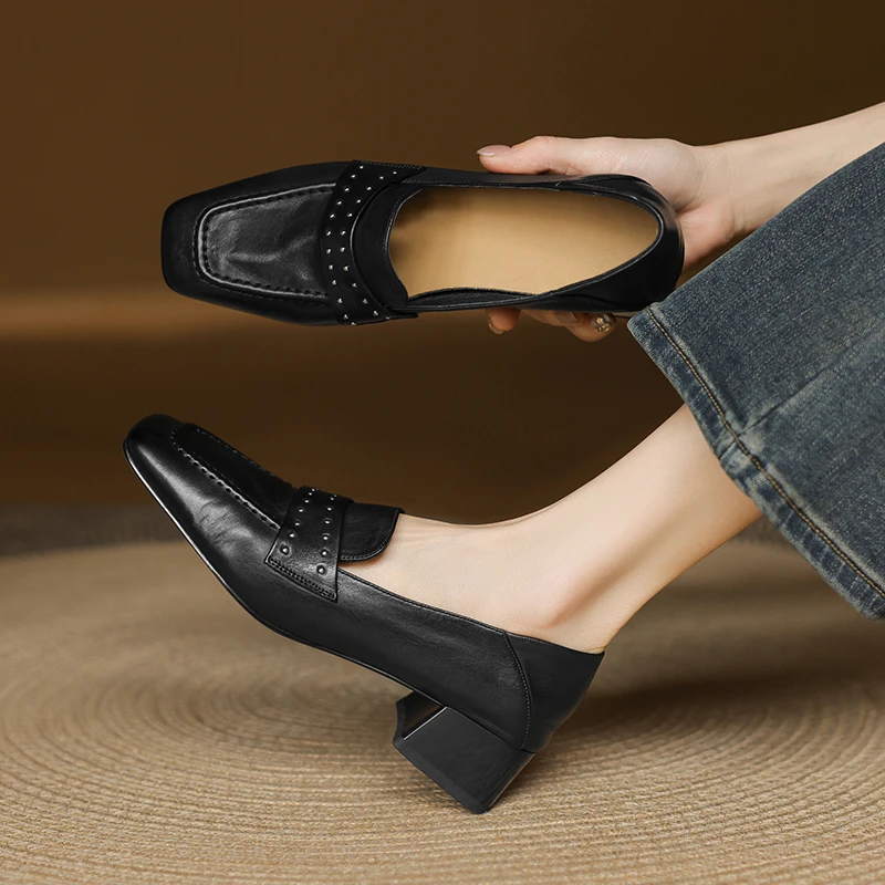 【NICESEE】4cm,春季新款方头软皮鞋女中跟真皮铆钉乐福鞋粗跟单鞋