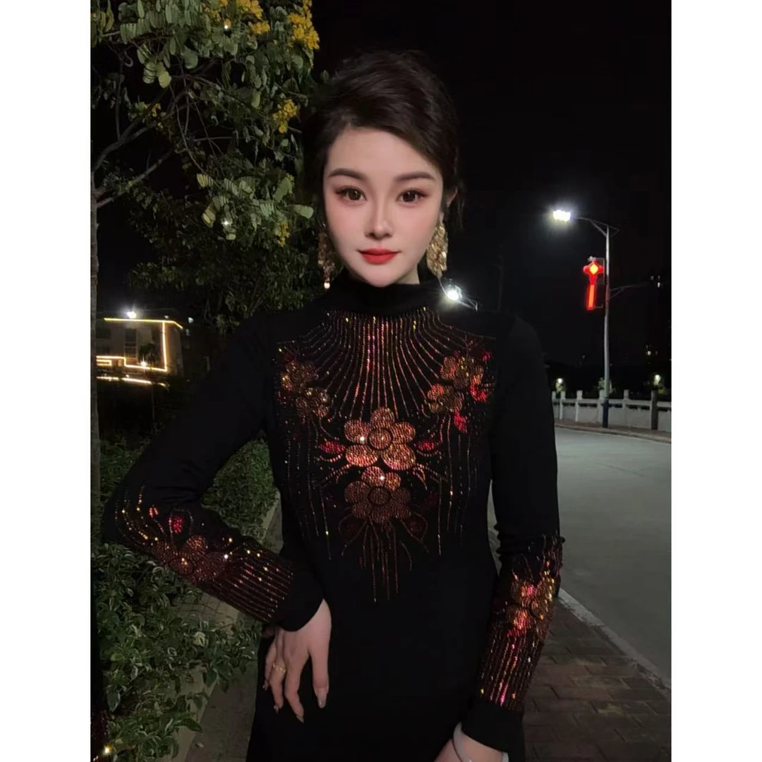 【Y爆款829#加绒】打底衫女内搭秋冬时尚烫钻上衣修身显瘦