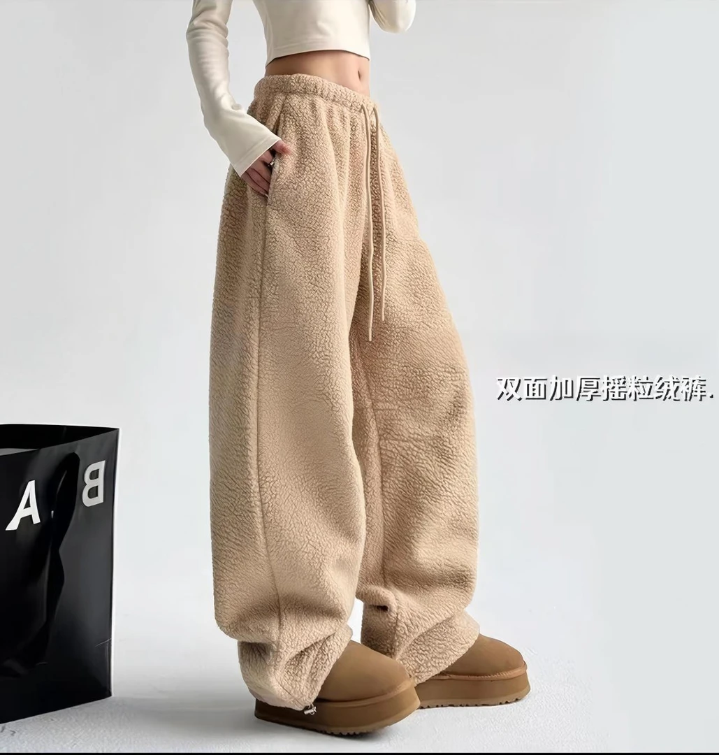 315 秋冬百搭女士保暖慵懒风高腰摇粒绒休闲阔腿裤 三楼
