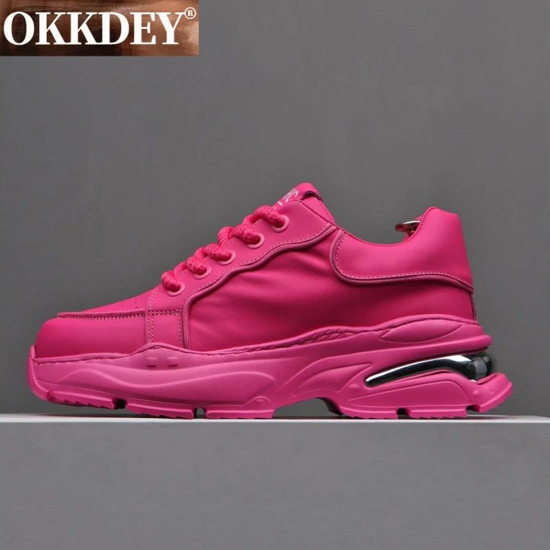 okkdey真皮老爹鞋男款厚底玫红色潮流休闲男鞋子小众增高鞋子