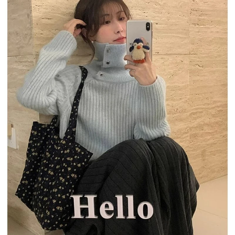 欧货高级感紫色高领毛衣女秋冬季加厚仿浣熊绒软糯针织衫翻领上衣