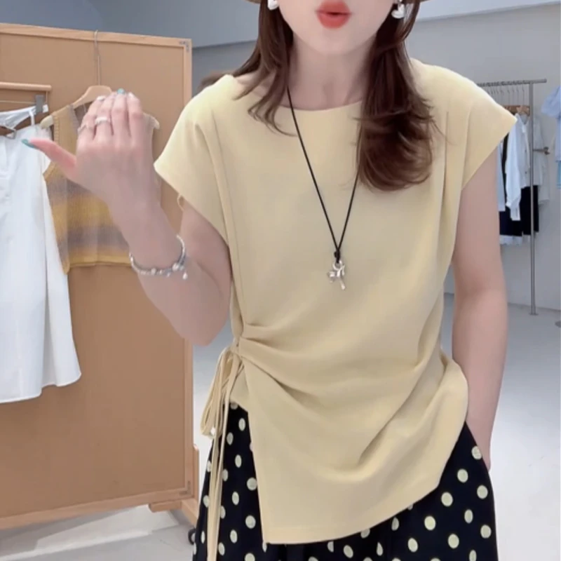 2025夏季新款ins风系带正肩短袖T恤女设计感收腰绑带开叉别致上衣