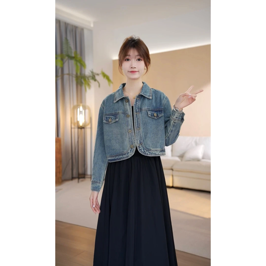 【现货】早秋复古蓝水洗韩版长袖百搭洋气牛仔外套-YF24801
