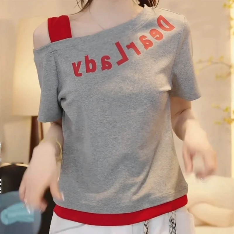 2025夏季新款时尚百搭设计感斜肩领字母小众高级感上衣女显瘦上衣