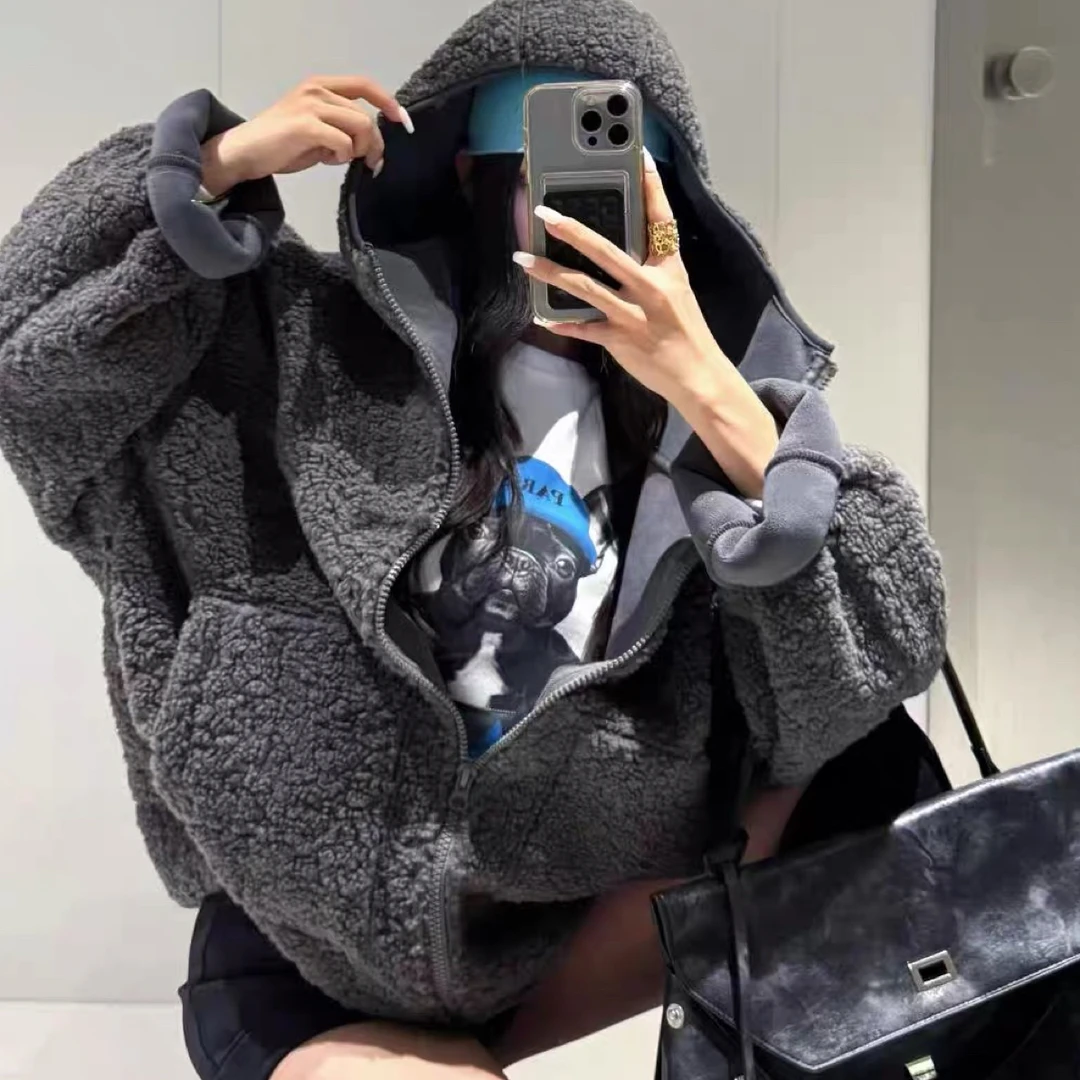 ▪️现货·冬季新款韩版宽松毛毛连帽加绒加厚保暖外套女百搭