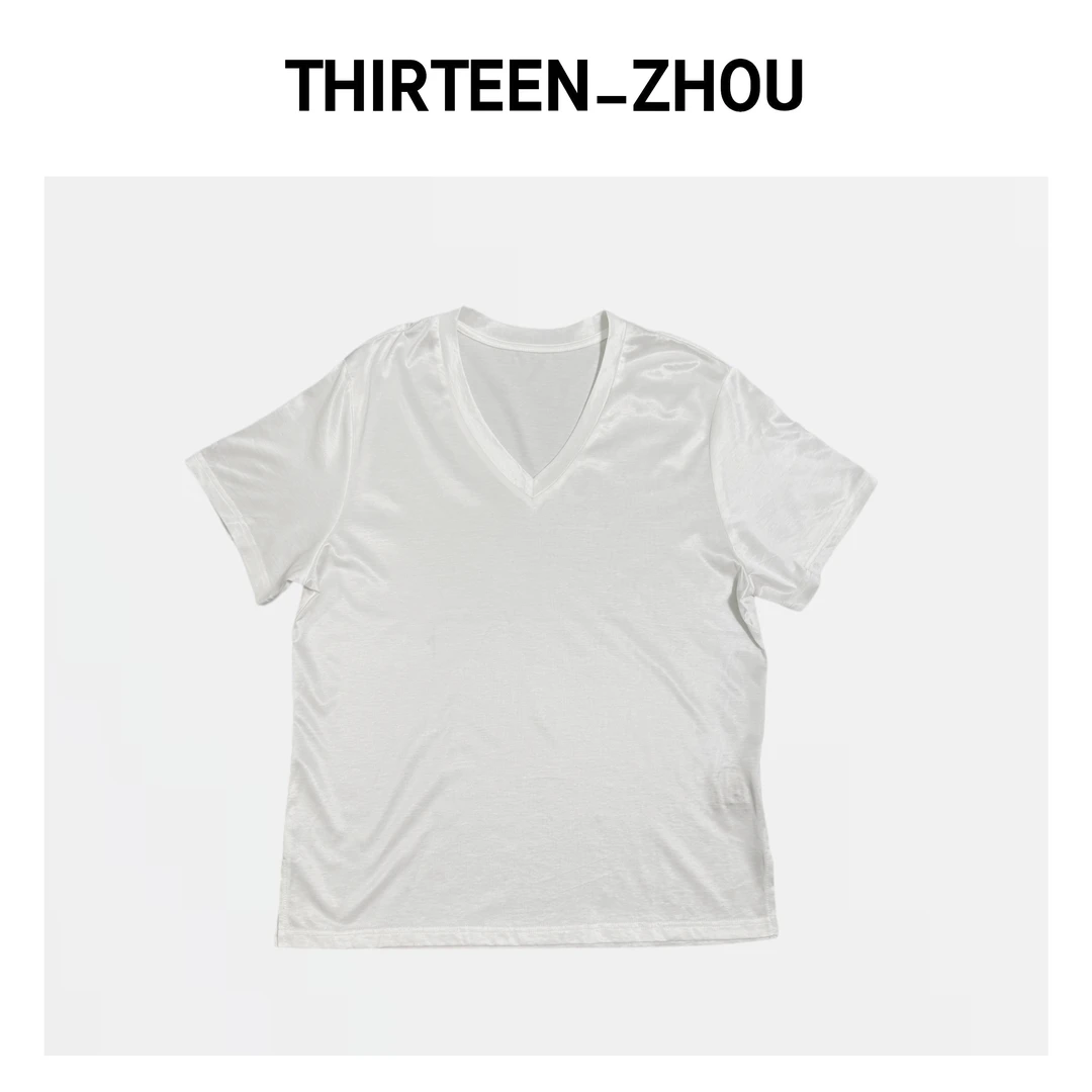 THIRTEEN-ZHOU 新款V领桑蚕丝凉感短袖T恤 气质纯色
