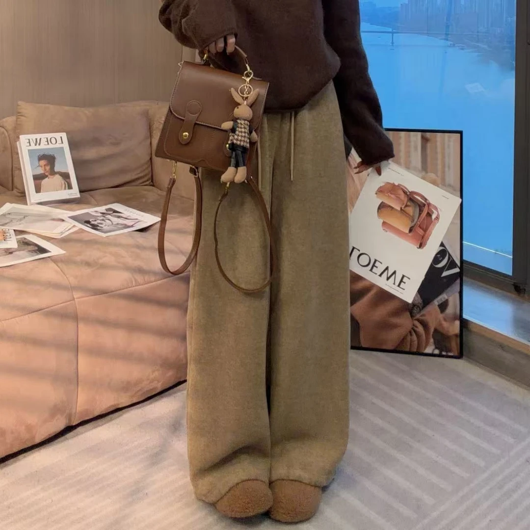 【晓溪服饰】新款加绒加厚高腰休闲裤显瘦直筒窄版糯米阔腿裤7000