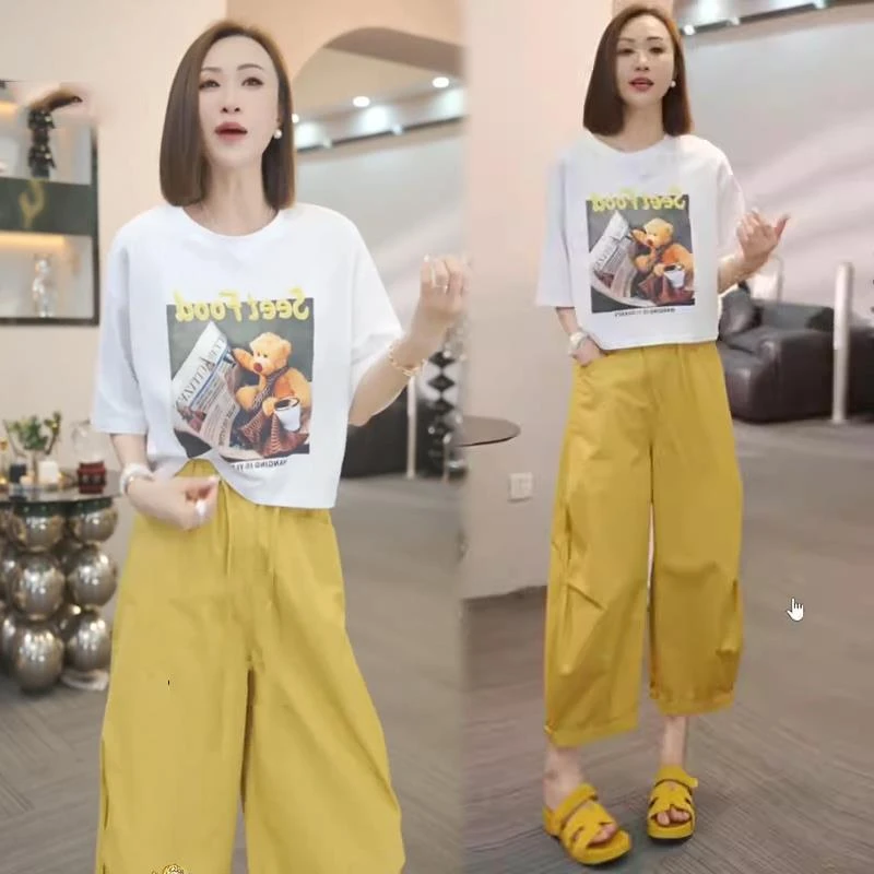时尚套装女2025夏季新款洋气宽松短袖T恤八分工装阔腿裤两件套潮