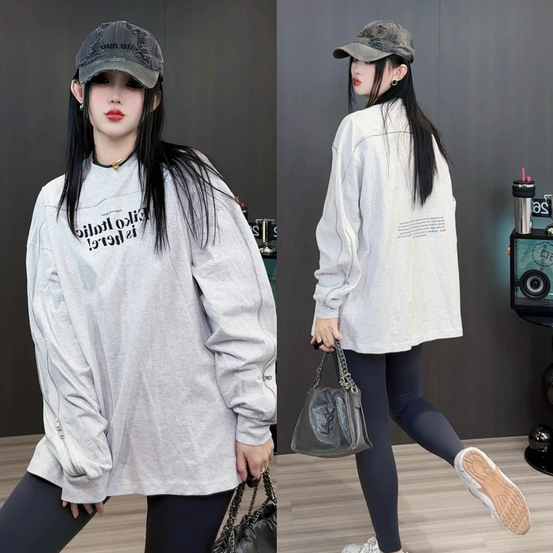 2025年新款春秋圆领长袖t恤女ins超火宽松显瘦字母印花中长款上衣