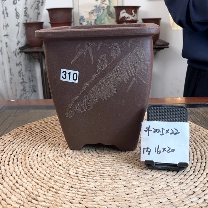 紫砂花盆紫玉金砂芭蕉刻绘高四方310