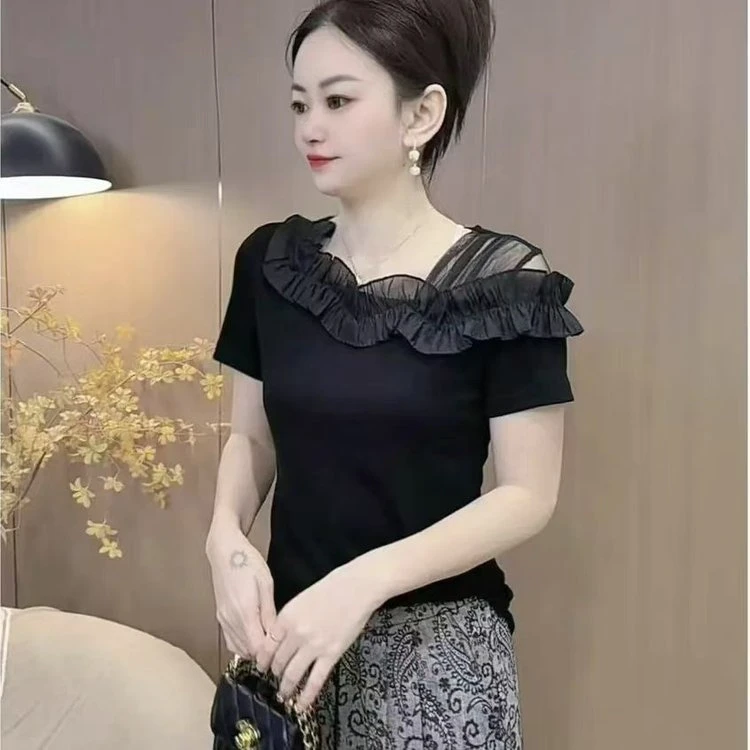 【2526网纱在左边】新品夏季不规则百搭洋气设计漏肩显瘦荷叶边T恤